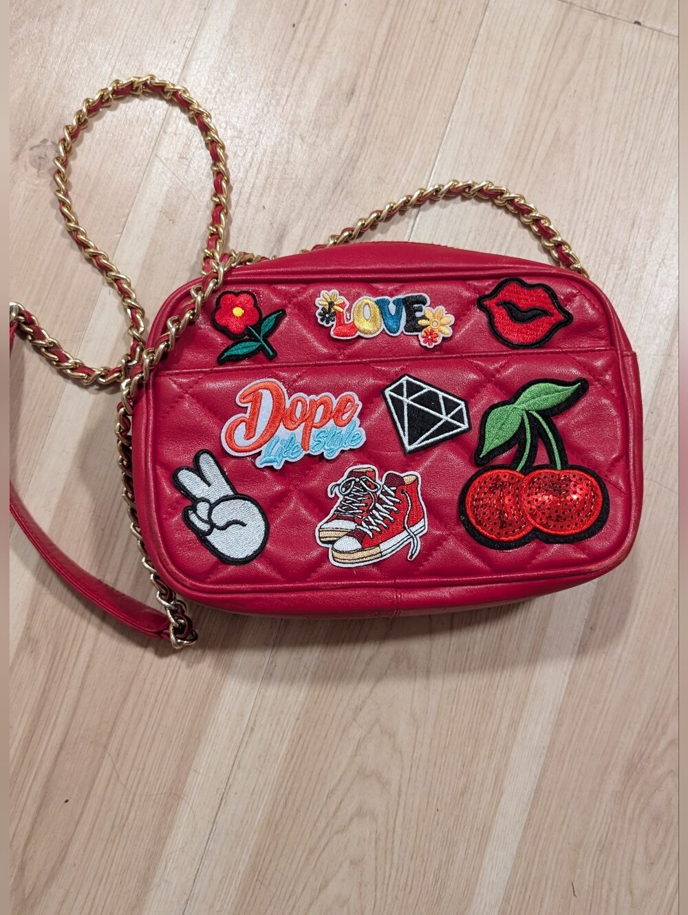 Red Quilted Patchwork Crossbody Bag with Gold Chain